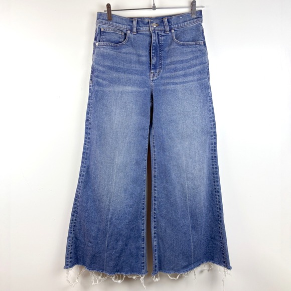 Madewell Flared Wide-Leg Jeans Medium Wash Raw Hem High Rise Women Size 27 - Picture 3 of 16